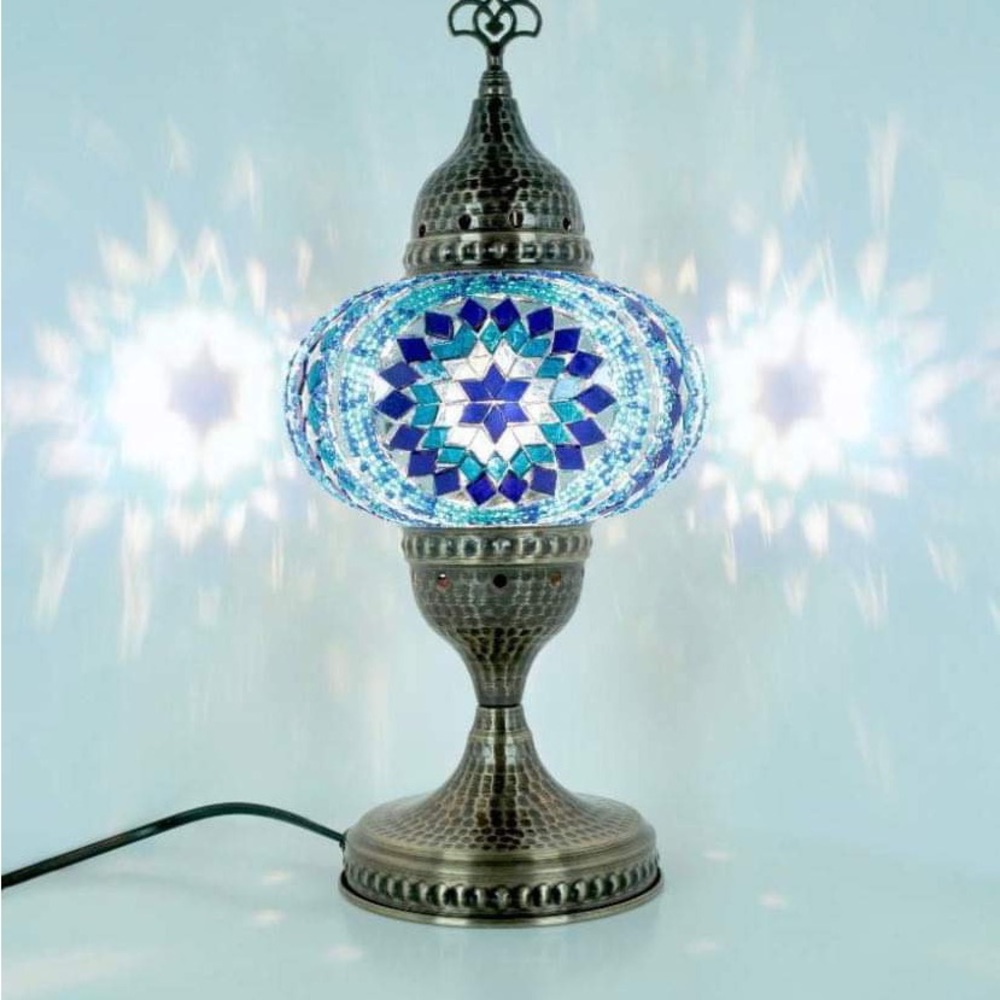Turkish Morrocan Tiffany Mosaic Style Blue & White Table Lamp w/Hammered Bronze
